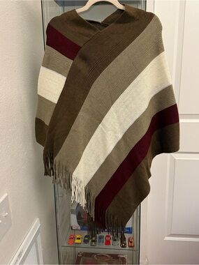 Poncho by Basico Striped Colorblock Fringe in Burgundy, Brown & Cream New OS